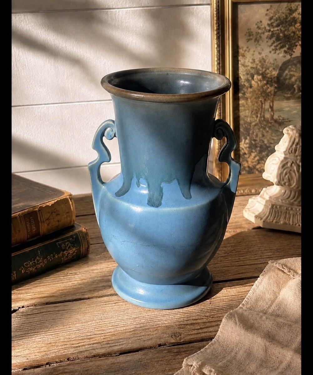 Roseville Carnelian I Drip Glaze Vase 11" Blue Green Handled Art Pottery Rv Mark